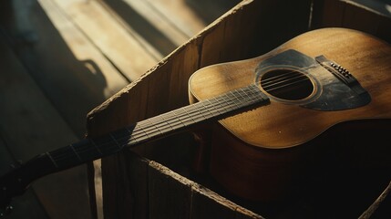 Rustic acoustic guitar with worn wood and polished frets resting against a vintage wooden crate with warm light casting gentle shadows capturing a timeless nostalgic atmosphere