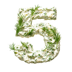 Top view of a 3D number 5 made of tzatziki dip isolated on a white transparent background