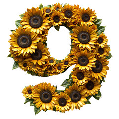 Top view of a 3D number 9 made of Sunflowers flower isolated on a white transparent background