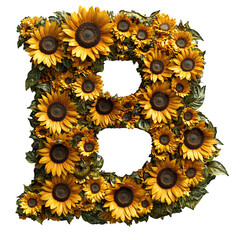 Top view of a 3D letter B made of sunflower flowers isolated on a white transparent background
