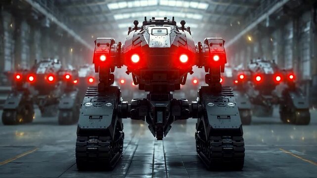 Massive Robotic War Machines Red Glowing Eyes Industrial Hangar Formation