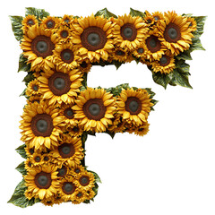 Top view of a 3D letter F made of Sunflowers flower isolated on a white transparent background