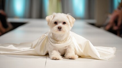 White fashion dog portrait in luxury studio, white fashion dog portrait with clean editorial style, white fashion dog portrait for premium branding