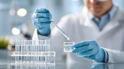 Close up of a scientist in a laboratory wearing blue gloves and a lab coat precisely transferring a liquid drop from a pipette into a small vial surrounded by organized test tubes