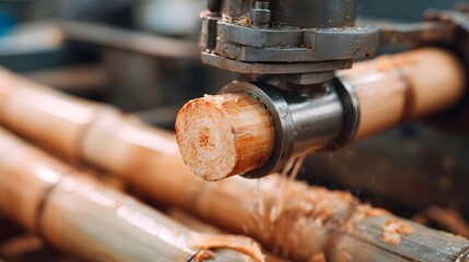 Automated industrial hinery precisely shapes a raw bamboo pole creating sawdust and splashes of liquid during the manufacturing process