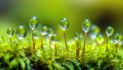 Extreme ultra-macro hyper-realistic close-up of morning dew on a moss colony
revealing tiny water droplets, intricate green textures, and expressive composition with natural detail