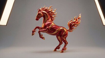 A highly detailed 3d rendering of a rearing golden horse with flowing mane and tail on gray background with softbox lights with rearing horse