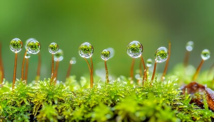 Extreme ultra-macro hyper-realistic close-up of morning dew on a moss colony
revealing tiny water droplets, intricate green textures, and expressive composition with natural detail