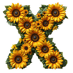 Top view of a 3D letter X made of Sunflowers flower isolated on a white transparent background
