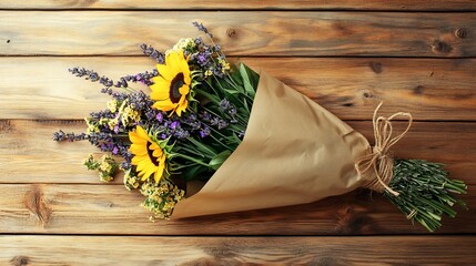 Rustic bouquet of sunflowers lavender and wildflowers wrapped in brown parchment paper tied with twine placed on a wooden table The sun casts a warm glow over the arrangement