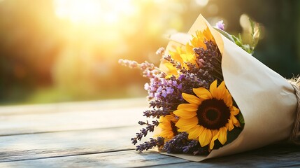 Rustic bouquet of sunflowers lavender and wildflowers wrapped in brown parchment paper tied with twine placed on a wooden table The sun casts a warm glow over the arrangement