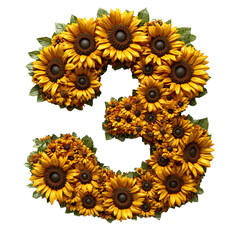 Top view of a 3D number 3 made of Sunflowers flower isolated on a white transparent background