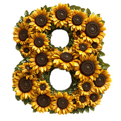 Top view of a 3D number 8 made of Sunflowers flower isolated on a white transparent background