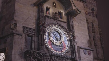 Prague, Czech Republic – December 21, 2025: Prague astronomical clock orloj on old town square showing the hourly apostles performance in the historic city center of prague