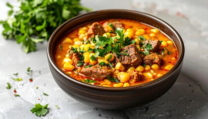 Hearty Beef and Chickpea Stew in Ceramic Bowl.