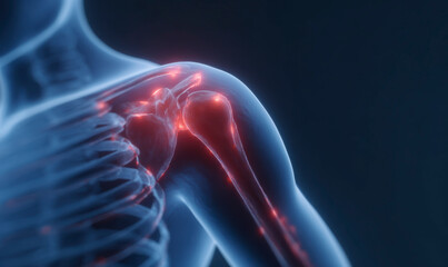 Anatomical rendering of the shoulder and arm showing inflammation and pain.