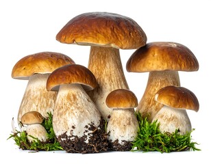 A grouping of freshly picked wild mushrooms with brown caps and white stems, set against a simple white backdrop