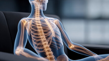 A stylized render showcasing the skeletal structure of an individual sitting.