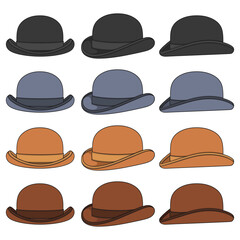 Set of color illustrations with classic bowler hat. Isolated vector objects on white background.