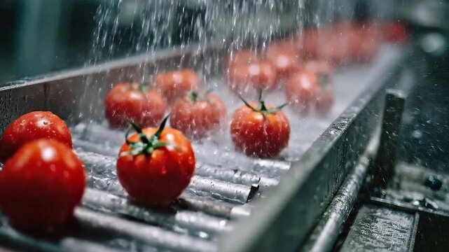 Fresh Red Tomatoes Being Washed in Industrial Processing Line with Water Spraying and Bright Background