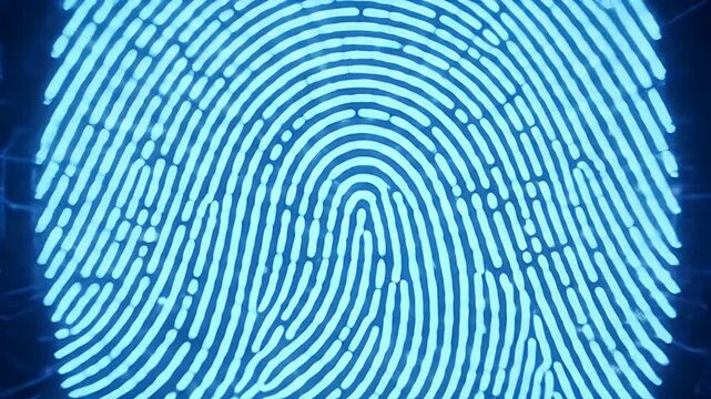A futuristic fingerprint scan appears on a blue circuit board background with neon lights.