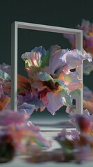Colorful iridescent floral form floats in a white frame