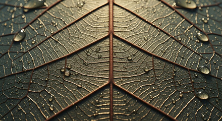 Wet leaf with water droplets on its surface in close-up