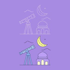 Crescent moon sighting illustration featuring a telescope, a mosque, and a crescent moon. Determination of the beginning of the month of Ramadan. Hilal. Illustration with two different styles. Vector 