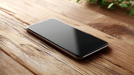 A sleek dark smartphone is positioned diagonally on a textured natural wooden table illuminated by soft light with blurred green foliage adding a touch of nature