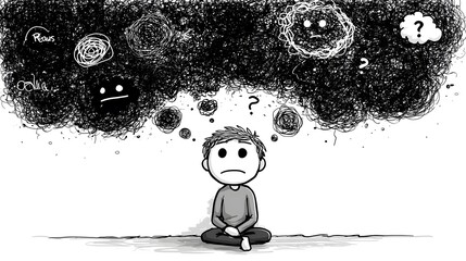 Young man sitting and feeling sadness, fear, odium and confusion