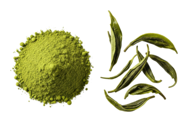Matcha powder and leaves culinary delights kitchen natural isolated on transparent background
