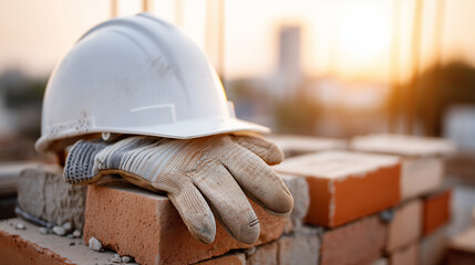 Detailed shot of a safety helmet and a pair of professional work gloves resting on a stack of bricks, symbol of labor and safety, sunset light, soft bokeh background, sharp focus o