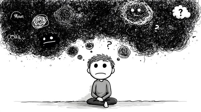 Young man sitting and feeling sadness, fear, odium and confusion