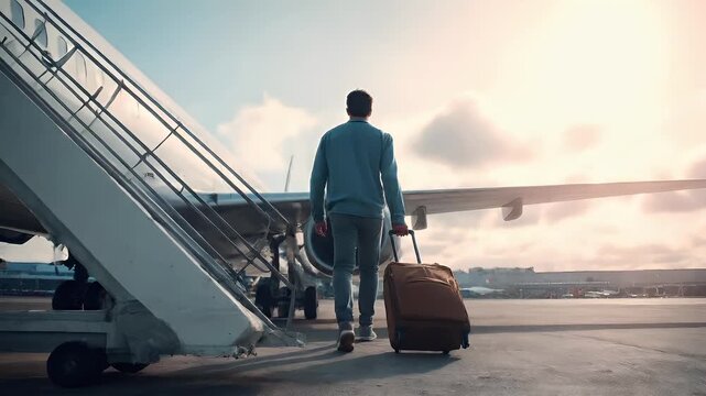 A man in a light blue shirt and dark pants walks towards an airplane on a tarmac during sunset. The sky is painted with hues of orange and pink.