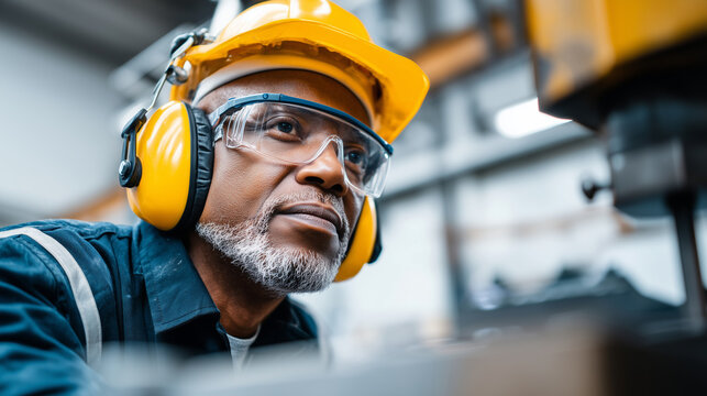 Industrial worker in full PPE including ear muffs, safety glasses, and hard hat, operating professional machinery, focused expression, bright workshop lighting, sharp focus, with c