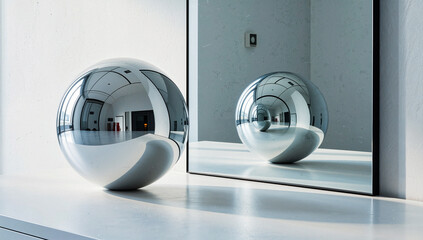 Shiny Silver Sphere Reflecting Modern Interior in Mirror