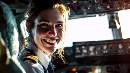 A closeup shot of a female pilot in the cockpit of an airplane, captured in a shallow depth of field that blurs the background and emphasizes the subject. The pilots face is partially visible.