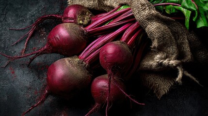 Fresh organic beetroots on rustic burlap sack.