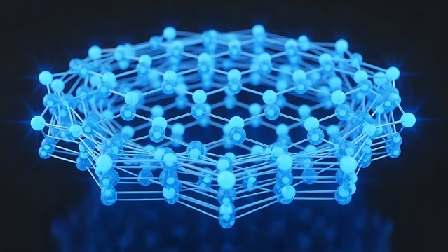 Abstract 3D rendering of a glowing blue hexagonal molecular structure with interconnected nodes - Powered by Adobe