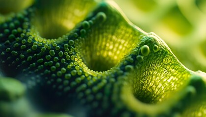 Ultra-macro hyper-realistic visualization of plant stomata pores revealing tiny cellular structures and organic patterns, expressed through refined composition, angle, and natural green tonal variatio