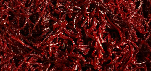 grated beetroot texture. food background banner. 