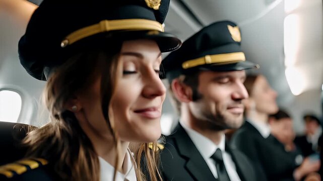 A closeup shot of a woman in a pilots uniform, with her back to the camera, wearing a black hat with gold detailing.