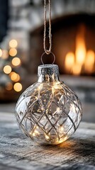 Luminous Frost: Glass Ornament with Silver Weave and Warm Firelight Glow