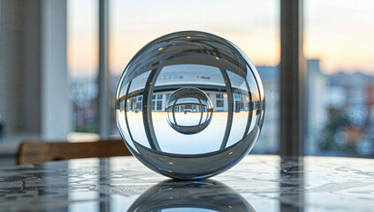 Reflective Glass Sphere on Table with Cityscape View