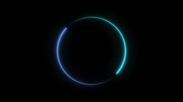 Bright neon circular line frame repetitive animation on black background. Neon light trail circle- Gradient neon circle frame loading icon animation. Cyan circle glow border concept blinking lines.