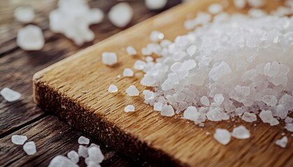 Ultra-macro hyper-realistic close-up of sea salt crystals resting on a wooden board, revealing faceted mineral textures and subtle natural color contrasts, emphasizing expressive angle and composition