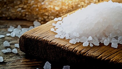 Ultra-macro hyper-realistic close-up of sea salt crystals resting on a wooden board, revealing faceted mineral textures and subtle natural color contrasts, emphasizing expressive angle and composition