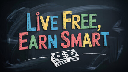 "Live Free, Earn Smart" colorful chalk lettering on blackboard with dollar bills sketch for financial concept