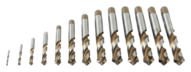 Precision metal drill bits set for industrial applications workshop isolated on transparent background