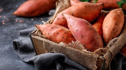 Fresh sweet potatoes in rustic wooden basket on dark background.